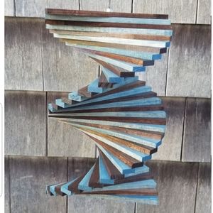 Wooden Wood Spinner Stained blue brown color twister Windmill Windchime